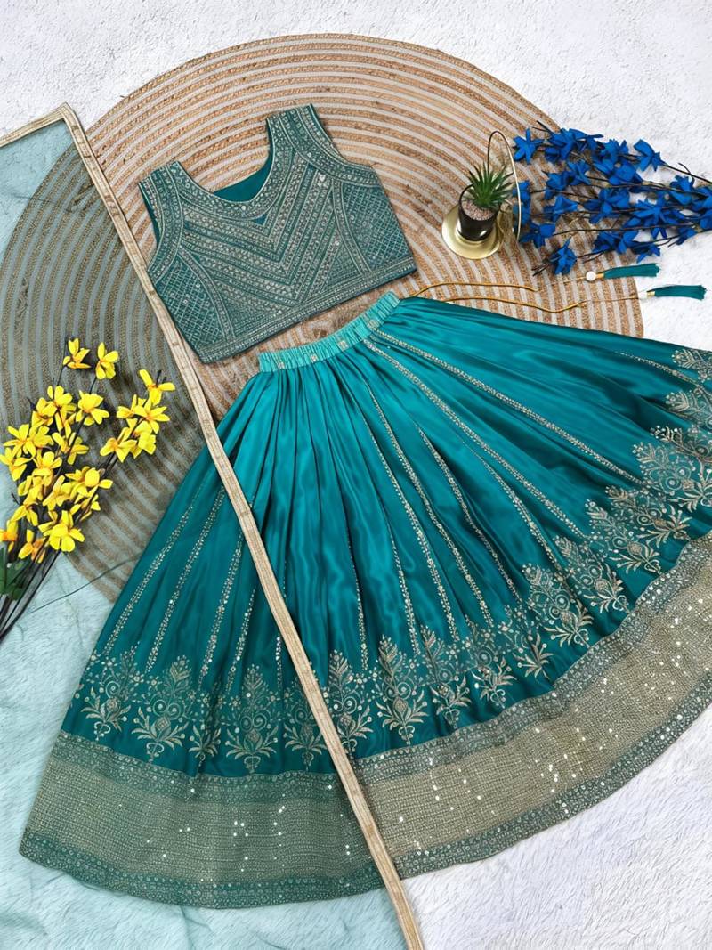 Kids teal-blue lehenga choli with dupata  embroidery work