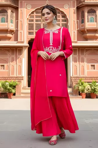 Women's Gorgeous Embroidery Work Viscose Silk Fabric Straight Kurta Palazzo and Dupatta Set