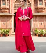 Women's Gorgeous Embroidery Work Viscose Silk Fabric Straight Kurta Palazzo and Dupatta Set