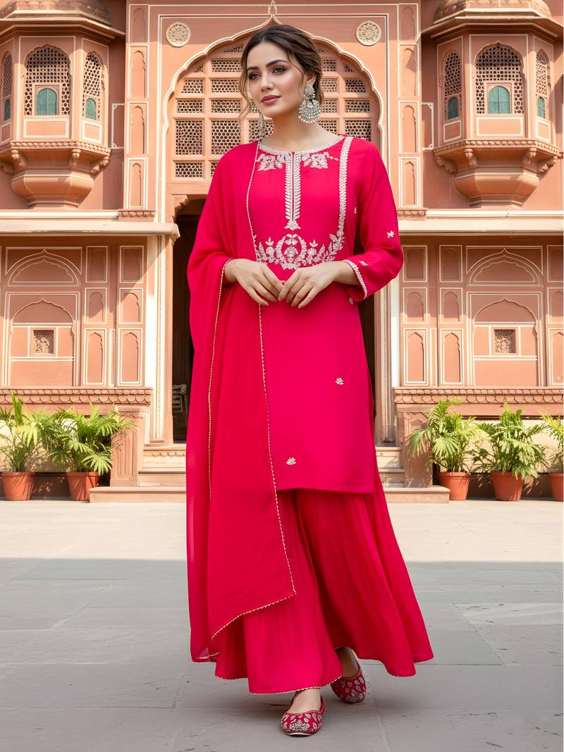Women's Gorgeous Embroidery Work Viscose Silk Fabric Straight Kurta Palazzo and Dupatta Set