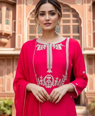 Women's Gorgeous Embroidery Work Viscose Silk Fabric Straight Kurta Palazzo and Dupatta Set 2