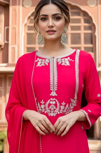 Women's Gorgeous Embroidery Work Viscose Silk Fabric Straight Kurta Palazzo and Dupatta Set