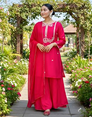 Women's Gorgeous Embroidery Work Viscose Silk Fabric Straight Kurta Palazzo and Dupatta Set 3