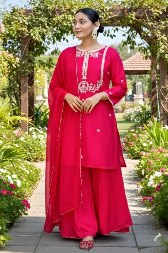 Women's Gorgeous Embroidery Work Viscose Silk Fabric Straight Kurta Palazzo and Dupatta Set