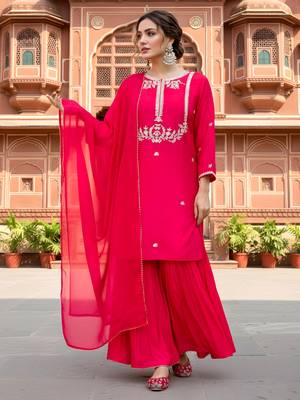 Women's Gorgeous Embroidery Work Viscose Silk Fabric Straight Kurta Palazzo and Dupatta Set 5