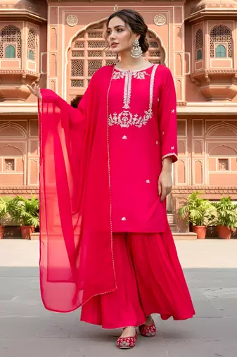 Women's Gorgeous Embroidery Work Viscose Silk Fabric Straight Kurta Palazzo and Dupatta Set