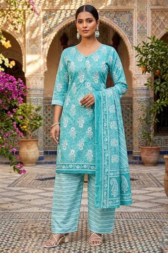 Teal printed cotton blend stitched floral  print salwar kurta dupatta for women