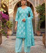 Teal printed cotton blend stitched floral  print salwar kurta dupatta for women
