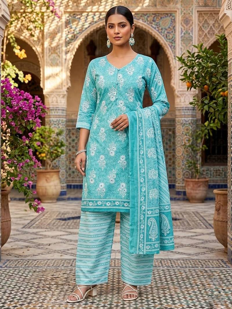 Teal printed cotton blend stitched floral  print salwar kurta dupatta for women