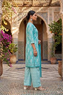 Teal printed cotton blend stitched floral  print salwar kurta dupatta for women 2