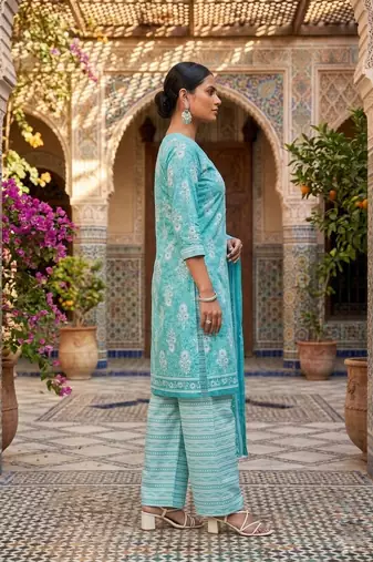 Teal printed cotton blend stitched floral  print salwar kurta dupatta for women