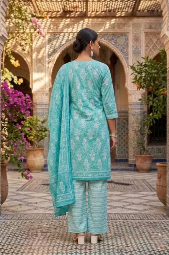 Teal printed cotton blend stitched floral  print salwar kurta dupatta for women