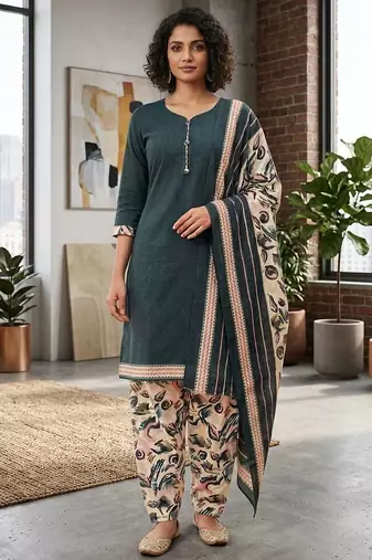 Teal printed cotton blend stitched floral  print salwar kurta dupatta for women
