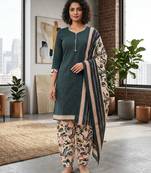 Teal printed cotton blend stitched floral  print salwar kurta dupatta for women