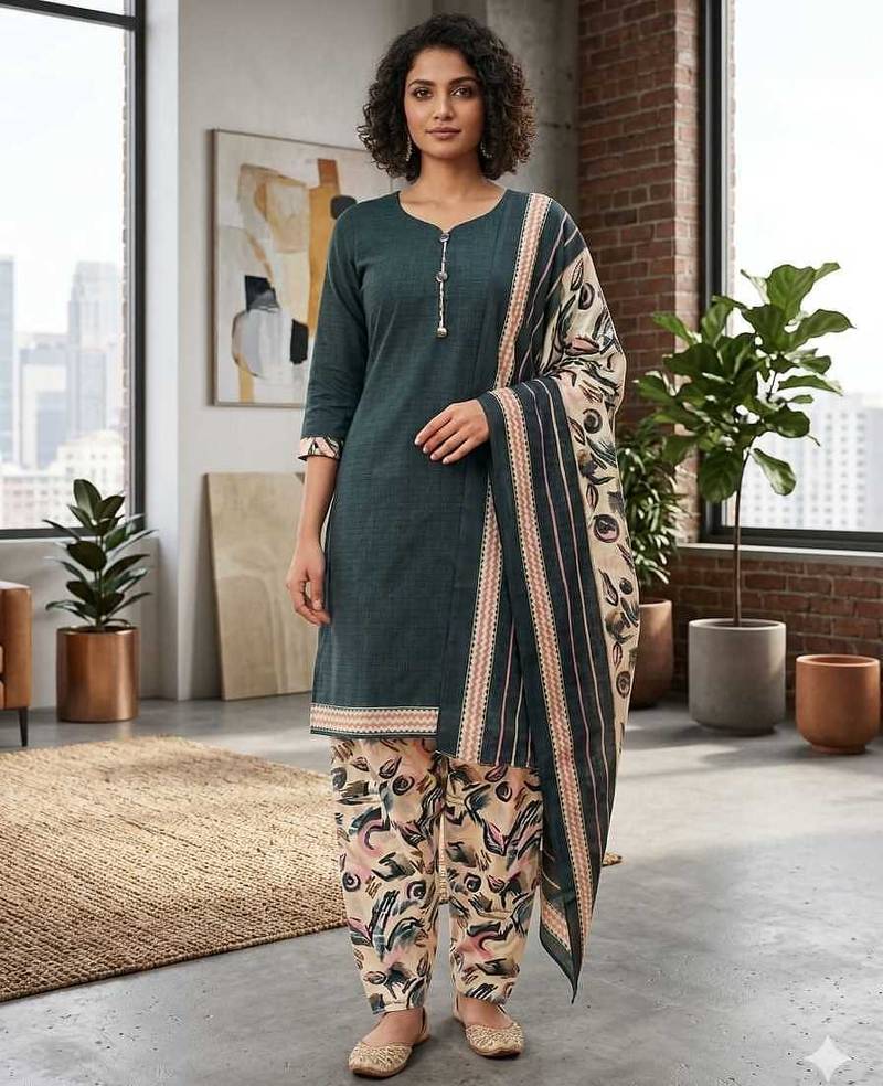 Teal printed cotton blend stitched floral  print salwar kurta dupatta for women