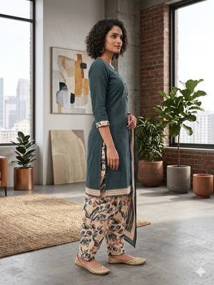 Teal printed cotton blend stitched floral  print salwar kurta dupatta for women 2