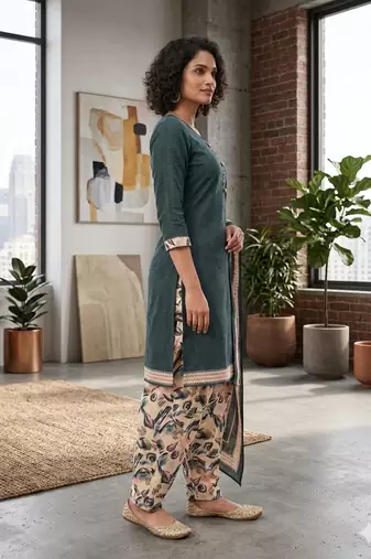 Teal printed cotton blend stitched floral  print salwar kurta dupatta for women