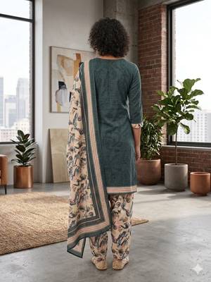 Teal printed cotton blend stitched floral  print salwar kurta dupatta for women 3