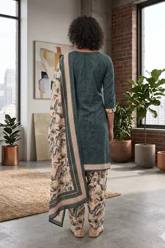 Teal printed cotton blend stitched floral  print salwar kurta dupatta for women