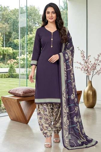 Purple printed cotton blend stitched floral  print salwar kurta dupatta for women