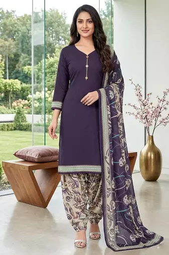 Purple printed cotton blend stitched floral  print salwar kurta dupatta for women