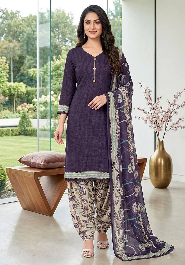 Purple printed cotton blend stitched floral  print salwar kurta dupatta for women