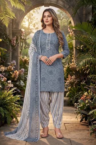 Grey printed cotton blend stitched bandhani  print salwar kurta dupatta for women