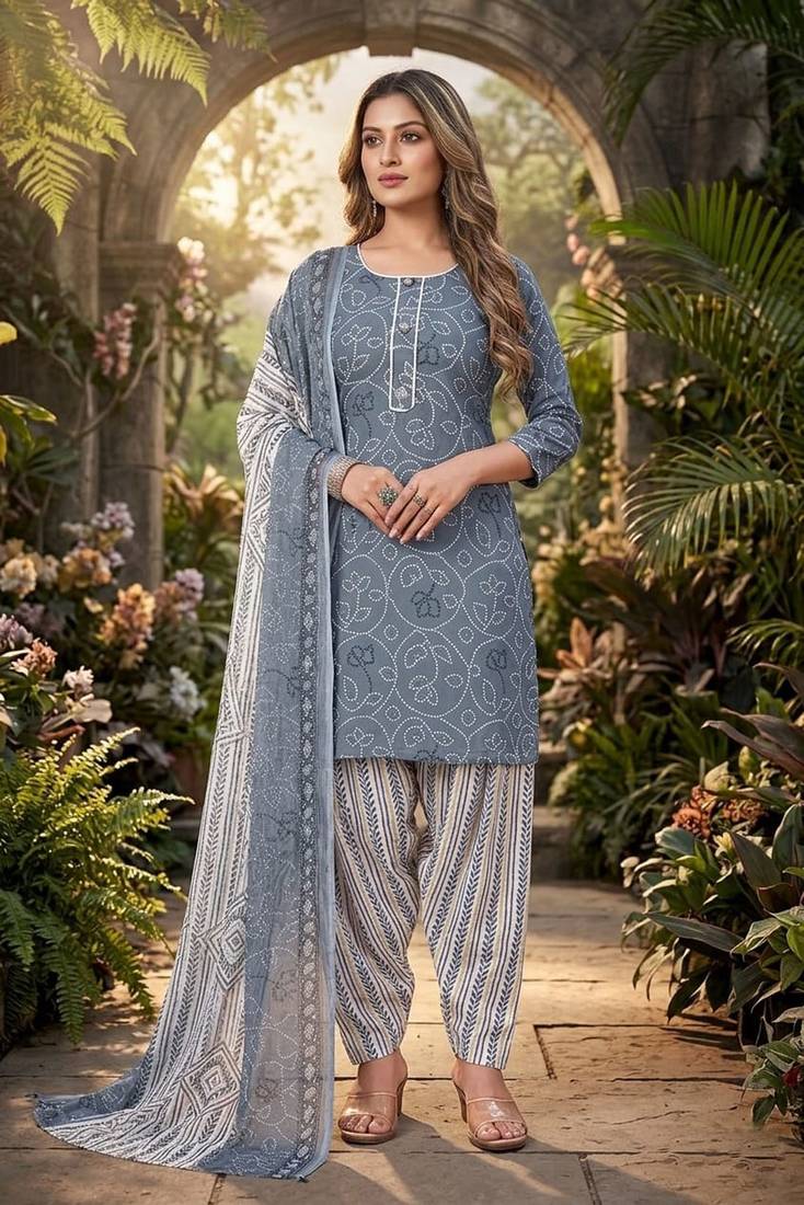 Grey printed cotton blend stitched bandhani  print salwar kurta dupatta for women