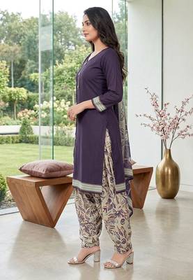 Purple printed cotton blend stitched floral  print salwar kurta dupatta for women 2