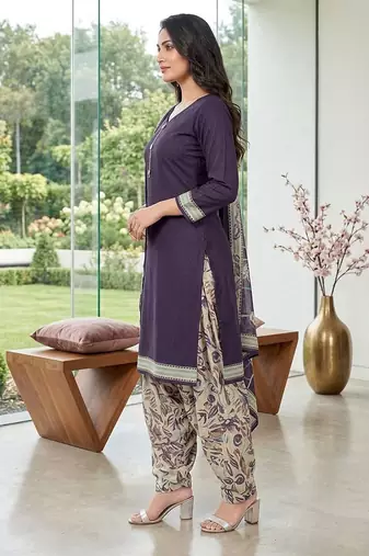 Purple printed cotton blend stitched floral  print salwar kurta dupatta for women