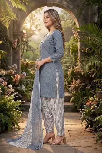 Grey printed cotton blend stitched bandhani  print salwar kurta dupatta for women