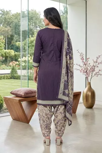 Purple printed cotton blend stitched floral  print salwar kurta dupatta for women