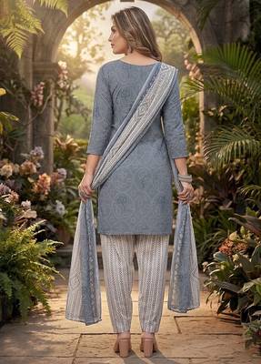 Grey printed cotton blend stitched bandhani  print salwar kurta dupatta for women 3