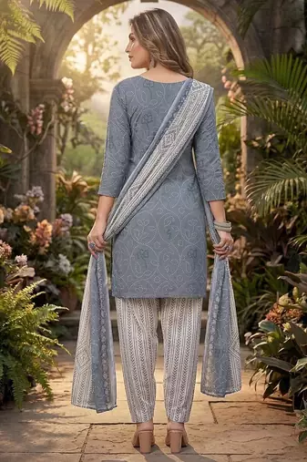 Grey printed cotton blend stitched bandhani  print salwar kurta dupatta for women