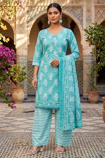 Teal printed cotton blend stitched floral  print salwar kurta dupatta for women