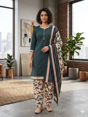 Teal printed cotton blend stitched floral  print salwar kurta dupatta for women 4