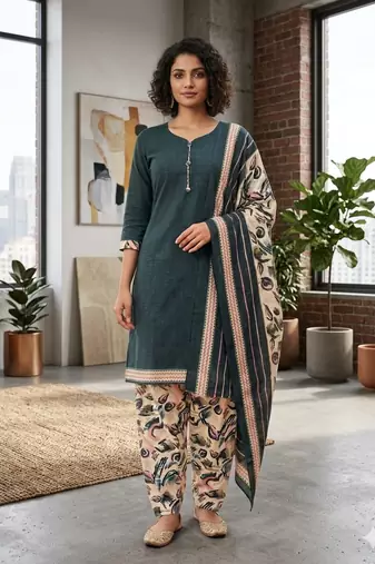 Teal printed cotton blend stitched floral  print salwar kurta dupatta for women