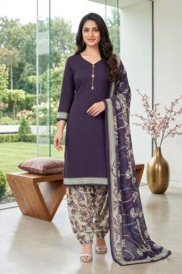 Purple printed cotton blend stitched floral  print salwar kurta dupatta for women 4