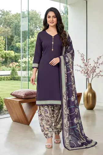 Purple printed cotton blend stitched floral  print salwar kurta dupatta for women