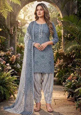 Grey printed cotton blend stitched bandhani  print salwar kurta dupatta for women 4