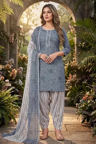 Grey printed cotton blend stitched bandhani  print salwar kurta dupatta for women