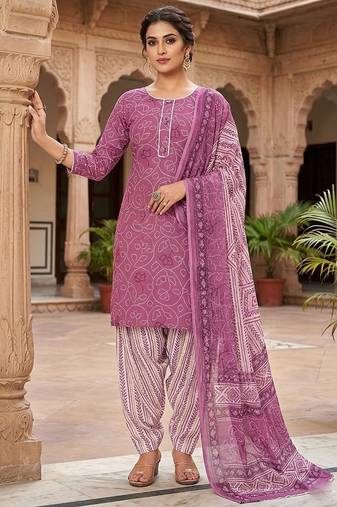 Pink printed cotton blend stitched bandhani  print salwar kurta dupatta for women