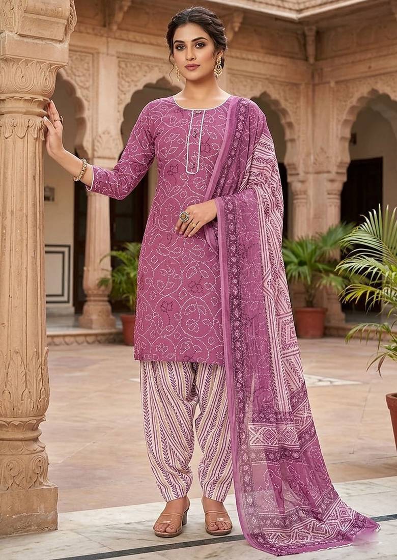 Pink printed cotton blend stitched bandhani  print salwar kurta dupatta for women