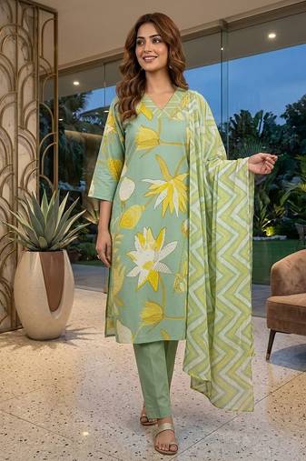 Green printed cotton blend stitched floral  print salwar kurta dupatta for women
