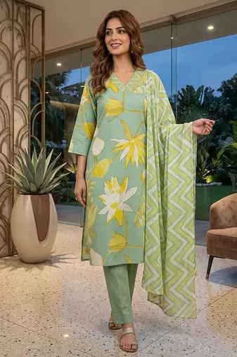 Green printed cotton blend stitched floral  print salwar kurta dupatta for women