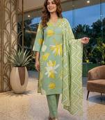 Green printed cotton blend stitched floral  print salwar kurta dupatta for women