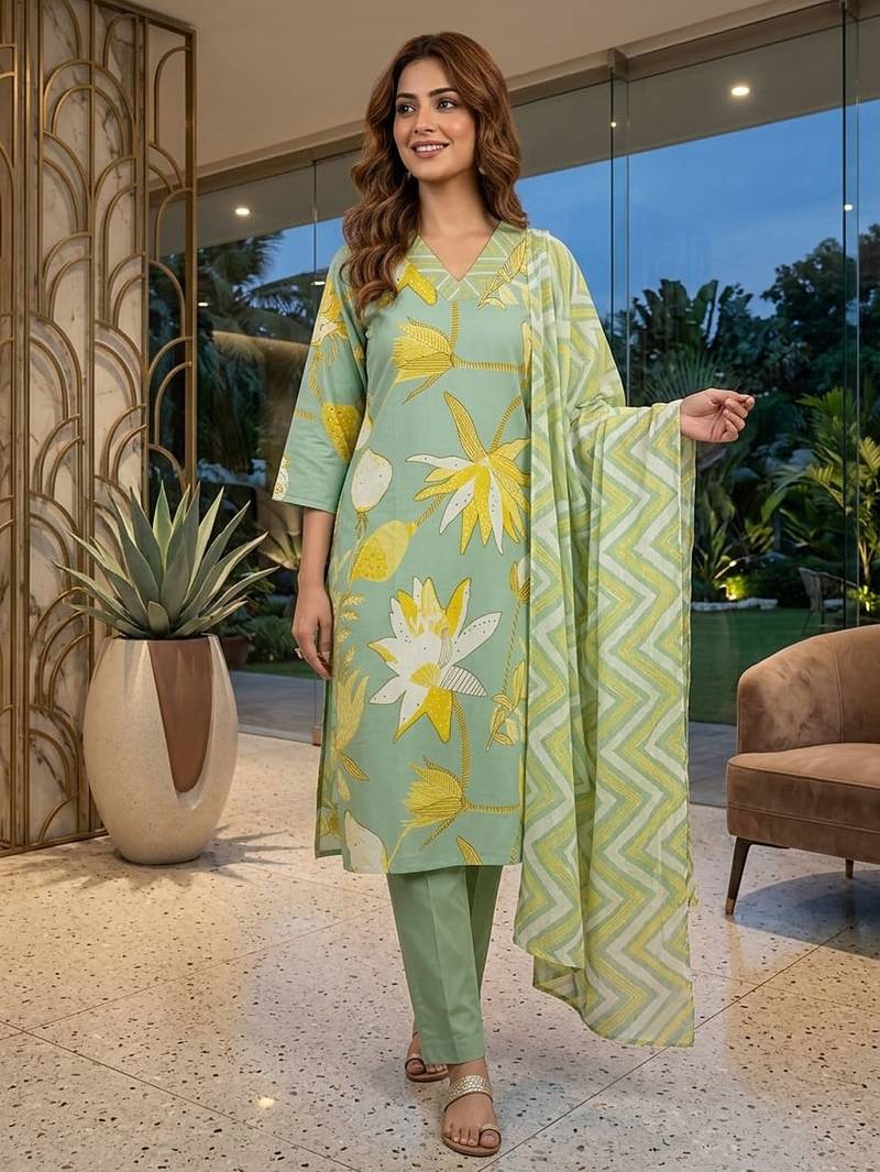 Green printed cotton blend stitched floral  print salwar kurta dupatta for women