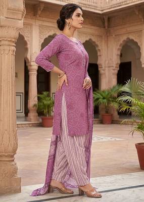 Pink printed cotton blend stitched bandhani  print salwar kurta dupatta for women 2