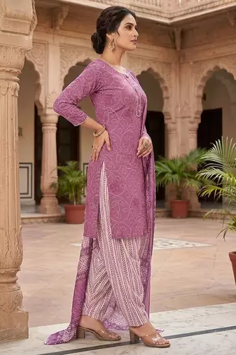 Pink printed cotton blend stitched bandhani  print salwar kurta dupatta for women