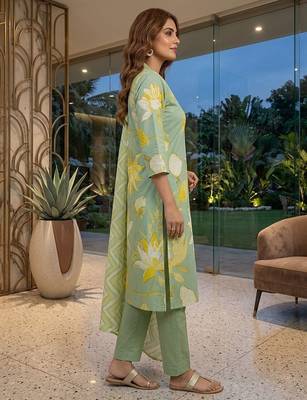 Green printed cotton blend stitched floral  print salwar kurta dupatta for women 2